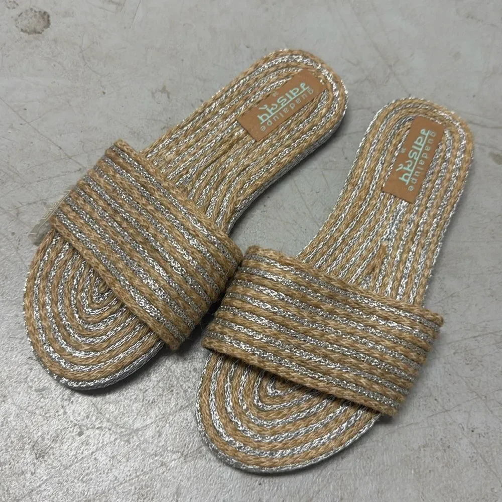 Brand New Flats - Silver Embroidered Tan Rattan Flats - Brand New - Size 8